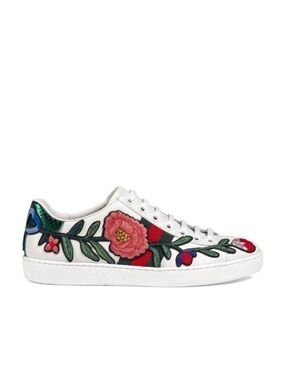 Gucci White Leather Floral Embroidered Sneakers with Green & Red Stripe
